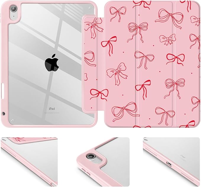 Case for iPad 11 inch A16 2025 Generation 11th / iPad 10.9 inch 2022 10th Gen Buit in Pencil Holder with Shockproof Cover Clear Transparent Back Shell Auto Wake/Sleep Pink Bows