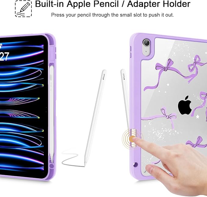 Tuiklol Case for iPad 11 inch (A16 Chip) 2025 Generation 11th / iPad 10.9 inch 2022 10th Gen Buit in Pencil Holder with Shockproof Cover Clear Transparent Back Shell Auto Wake/Sleep Bow-Purple