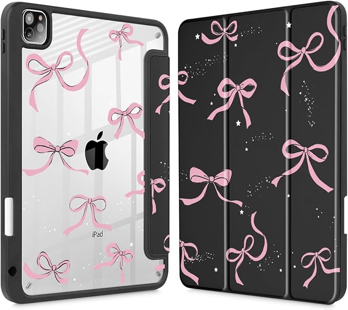 May Chen for iPad Pro 11 inch M2 4th Generation 2022 iPad Pro 11 3rd/2nd/1st Gen Case with Transparent Shockproof Back Cover [Built-in Pencil Holder Auto Sleep/Wake Black Stars Bow