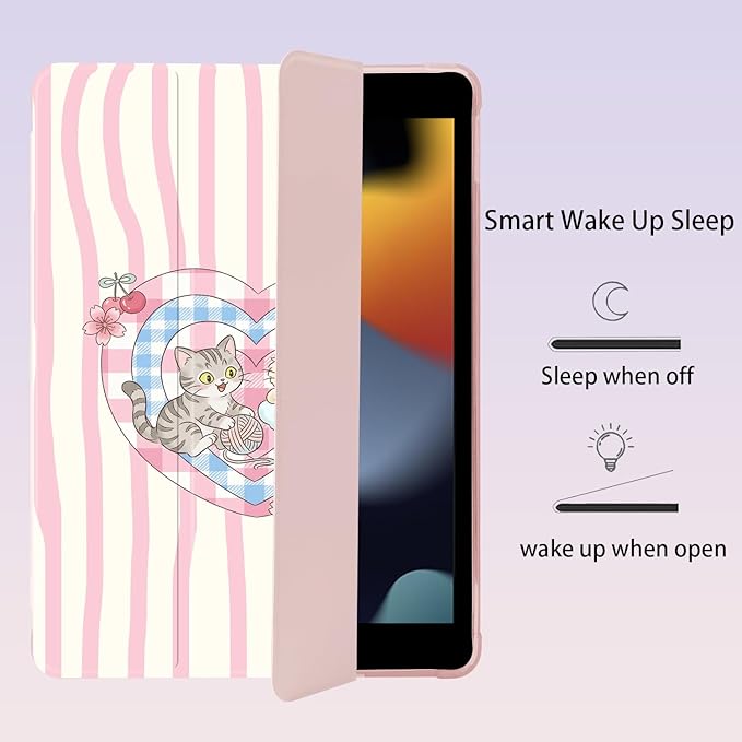 Cue Kawaii Kitten Cat Heart for iPad Air 3 Case with Pencil Holder Auto Sleep/Wake Pink Leather Soft TPU Back Cover for iPad Pro 10.5 Inch 2017