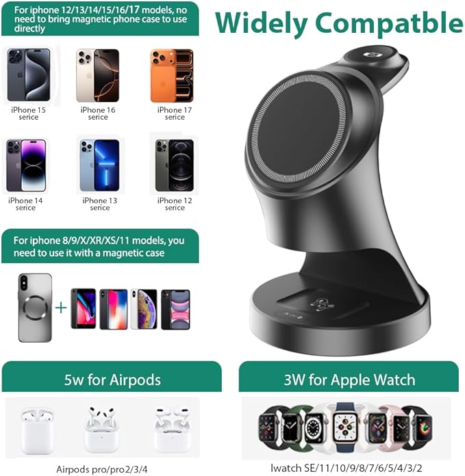 Wireless Charger3 in 1 Magnetic Wireless Charger Stand Fast Wireless Charging Dock for iPhone17/16/15/14/13/12 Series Apple Watch Series AirPods Pro.