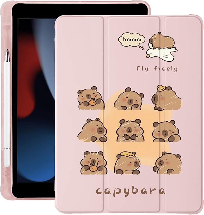 Cute Kawaii Capybara for iPad (A16) 11th Generation Case 11 Inch 2025 for iPad 10th Generation Case 10.9 Inch 2022 with Pencil Holder Auto Sleep/Wake Pink Leather Soft TPU Back Cover