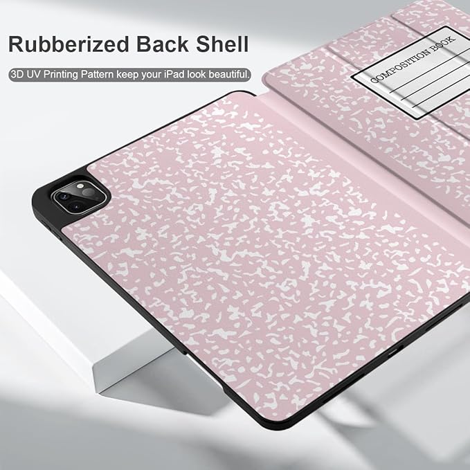 MEEgoodo for iPad Pro 12.9 Case M2 6th/5th/4th/3rd Generation 2022 2021 2020 2018 with Pencil Holder Tablet Cover with Soft TPU Back Shell Pink Composition Book