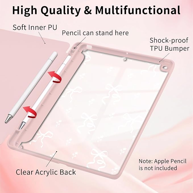 Pink Ribbon Bow Case for iPad A16 11th Generation 2025 11 / iPad 10th Generation 2022 10.9 with Pencil Holder Flower Girly Pink Leather Clear Back Shell Foldable Protective Cover