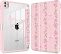 May Chen Case for iPad Pro 11-Inch M5/M4 2025/2024 (6th/5th Generation) [Penceil Holder] Trifold Stand Auto Wake/Sleep Clear TPU Protection Back Cover Bow &amp Rose Flower