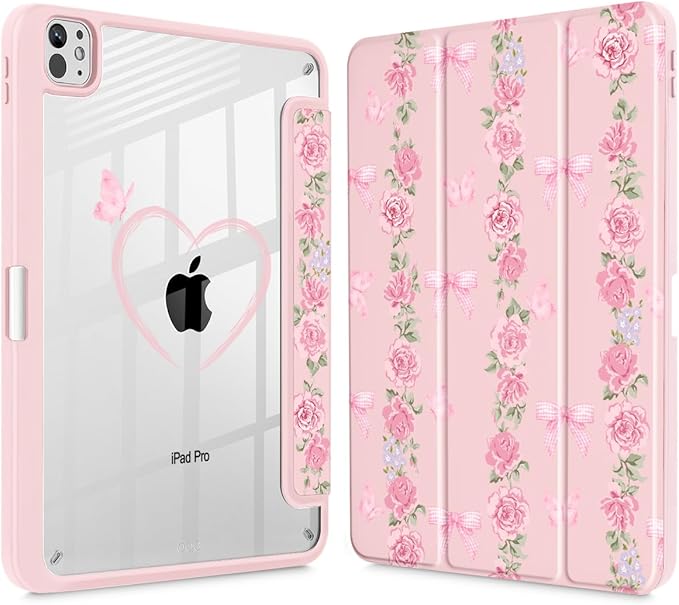 May Chen Case for iPad Pro 11-Inch M5/M4 2025/2024 (6th/5th Generation) [Penceil Holder] Trifold Stand Auto Wake/Sleep Clear TPU Protection Back Cover Bow &amp Rose Flower