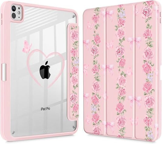 May Chen Case for iPad Pro 11-Inch M5/M4 2025/2024 (6th/5th Generation) [Penceil Holder] Trifold Stand Auto Wake/Sleep Clear TPU Protection Back Cover Bow &amp Rose Flower