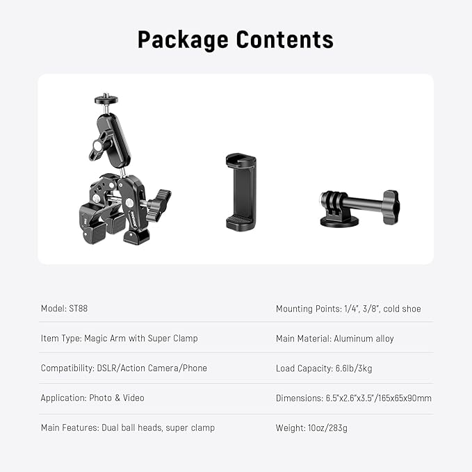 NEEWER Super Clamp with 3 Dual Ballhead Magic Arm Camera Phone Clamp Mount with 1/4 3/8 Threads Cold Shoe Phone Holder Action Camera Adapter Compatible with GoPro DJI iPhone 16 15 Pro Max ST88