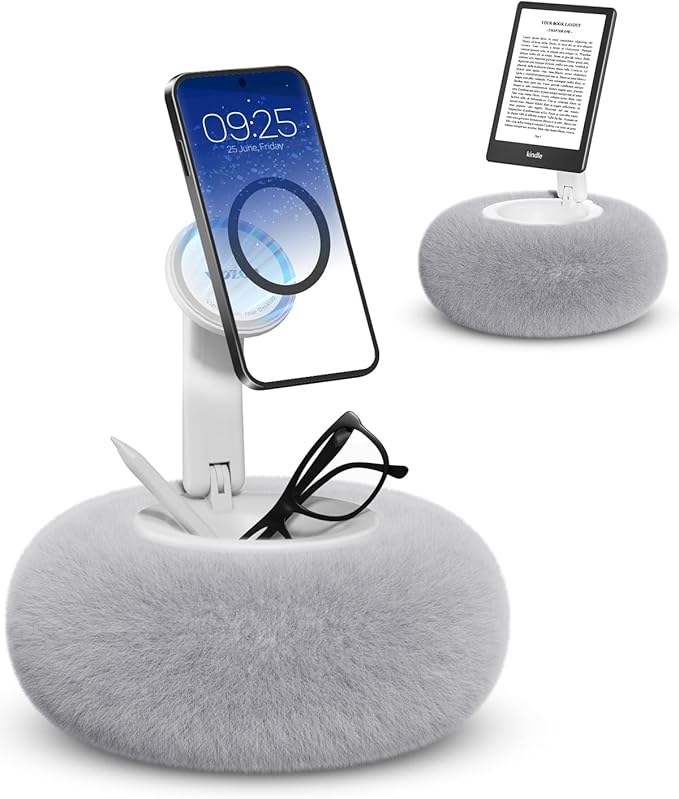Viozon Phone Holder for Bed Magnetic Pillow Stand Compatible with 4-7 Phone/Kindle with Small Storage Removable Suction Base for Stability Idea for Kindle Reading and Video Watching On BedGrey