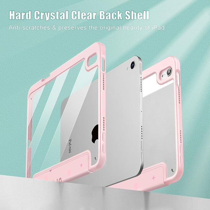 May Chen Slim Case for iPad mini 7 (A17 Pro 7th Generation) 2024 / iPad mini 6 (6th Gen) 8.3 Inch [Built-in Pencil Holder] Shockproof Cover Clear Clear Back Shell Auto Wake/Sleep Strawberry Bow