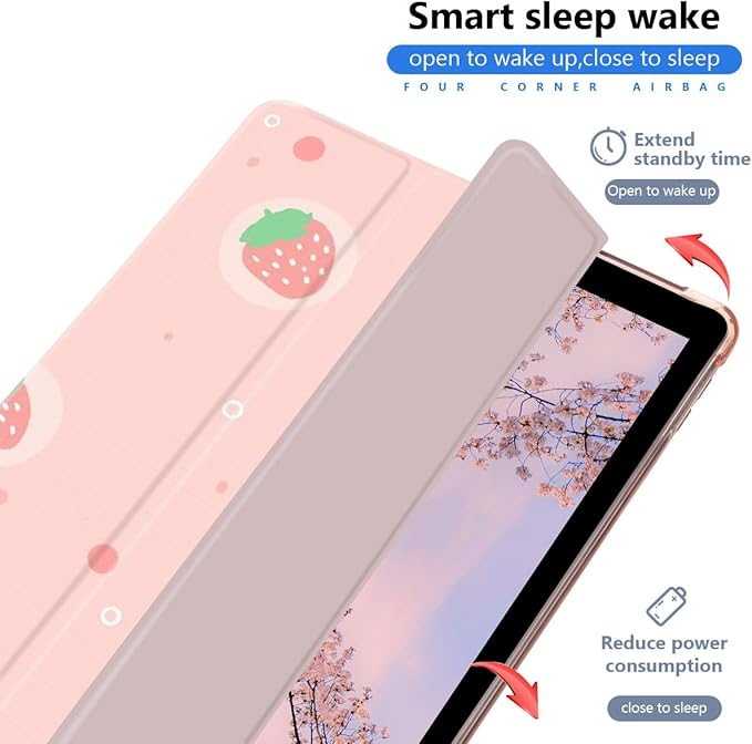 JOYLAND Pink Strawberry Case for 10.9 Inch iPad Air 4 2020/iPad Air 5 2022 with Pencil Holder Cute Foldable Smart Stand Back Cover Auto Wake/Sleep Shockproof Protective for iCase