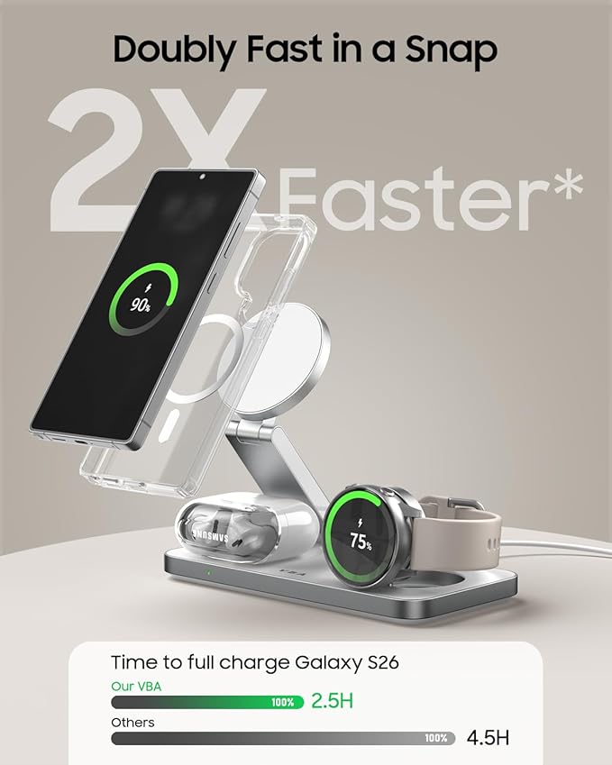 3 in 1 Foldable Magnetic Wireless Charging Station for Samsung Wireless Charger Stand for Galaxy S26 Ultra S25/S24 /Note 20/Flip 7/Fold 7 for Galaxy Watch Ultra/8/7/6Galaxy Buds 3/3 Pro