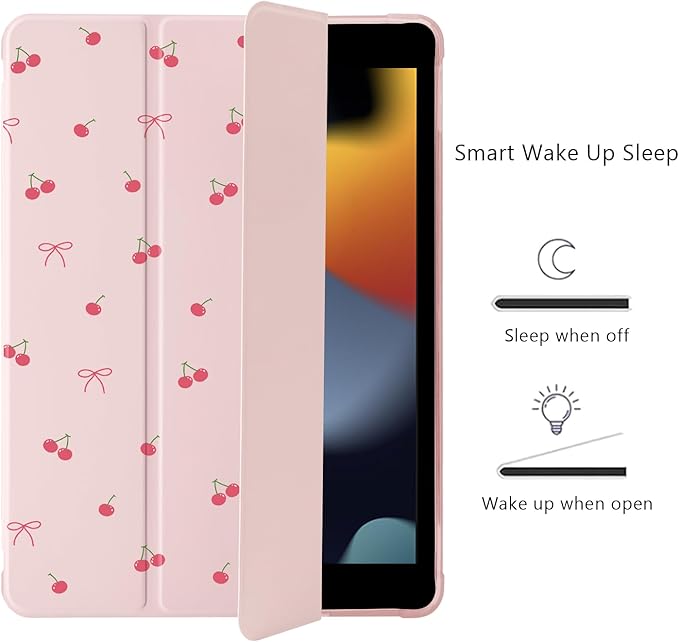 Cute Kawaii Cherry Bow for iPad Air5/Air4 Case with Pencil Holder Auto Sleep/Wake Pink Leather Soft TPU Back Cover for iPad 10.9 Inch 2022/2020