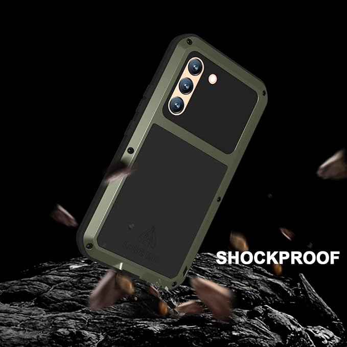 LOVE MEI Military Rugged Case for Samsung Galaxy S22 with Tempered Glass Screen Protector Shockproof Dustproof Scratch Proof Hybrid Metal and Silicone Gel Heavy Duty Full Body Cover Green