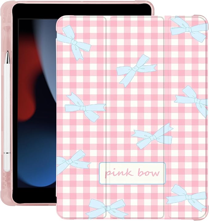 Cute Kawaii Bow Plaid for iPad Pro 13 Inch Case (M5/M4) 2025/2024 with Pencil Holder Auto Sleep/Wake Pink Leather Soft TPU Back Cover