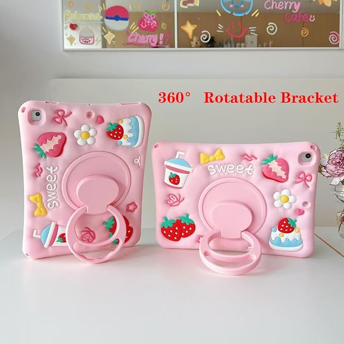 3D Cute Strawberry Cake Juice Case for iPad 9th/8th/7th 10.2 inchKawaii Cartoon Delicious Desserts Soft Silicone Rotating Stand Case with Lanyard for Kids Teens Girls Women