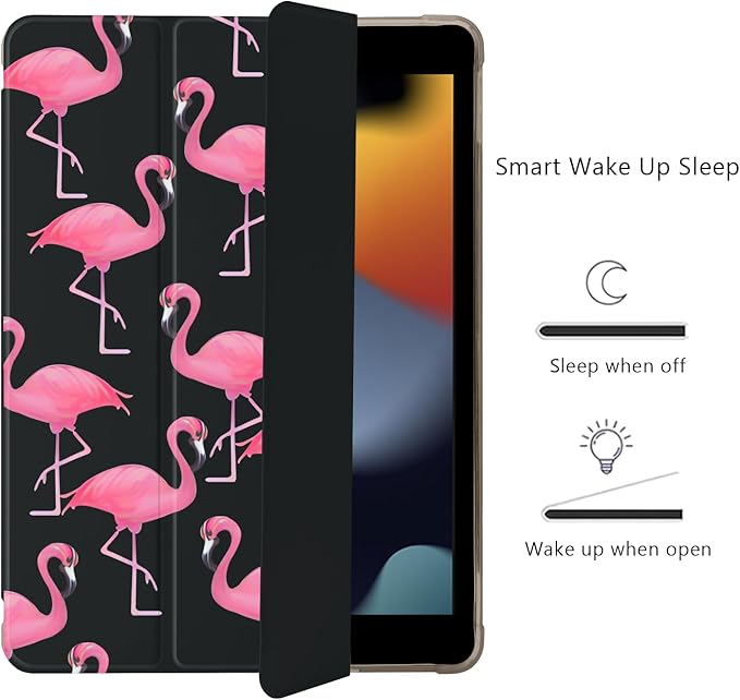 Cute Kawaii Flamingo for iPad 5th/6th Generation Case with Pencil Holder Auto Sleep/Wake Black Leather Soft TPU Back Cover for iPad 9.7 Inch