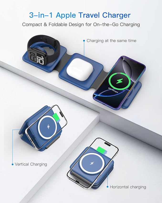 Charging Station for Apple Devices - 3 in 1 Magnetic Foldable Wireless Charger Dock - Travel Charging Pad for MagSafe iPhone 16 15 14 13 12 Pro Max Plus Watch &amp Airpods