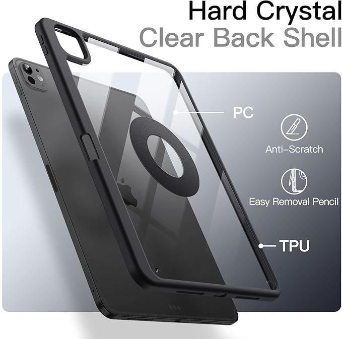 JETech Magnetic Detachable Case for iPad Pro 11-Inch M5/M4 (2025/2024) with Pencil Holder Removable Rotating Clear Cover Portrait/Landscape Stand with Raised Screen View (Black)