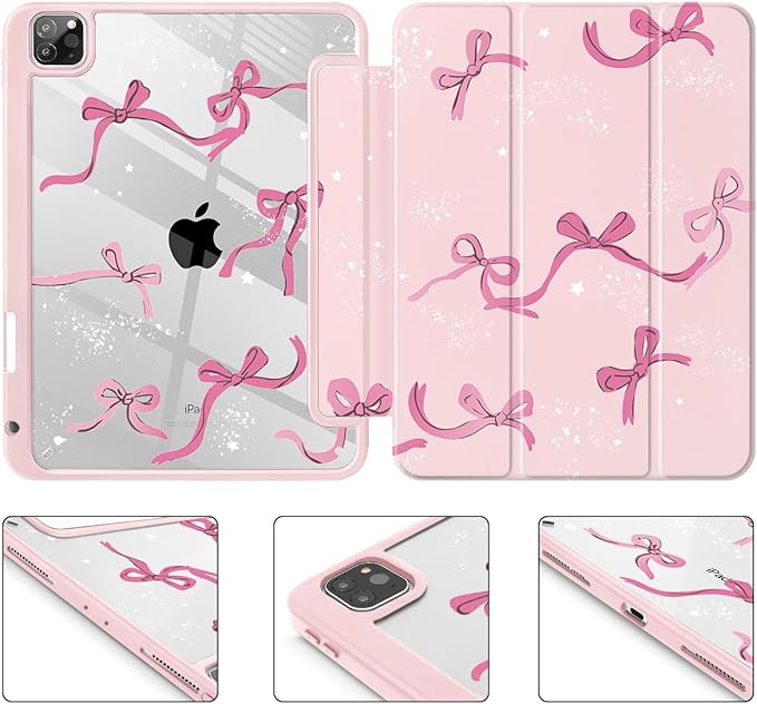 Tuiklol for iPad Pro 11 Inch Case M2 2022 Generation 4th -Built-in Pencil Holder Shockproof Cover Clear Transparent Back Shell Fit for iPad 11’’ 2021 2020 2018 Gen 3rd/2nd/1st for Kid Bow-Pink
