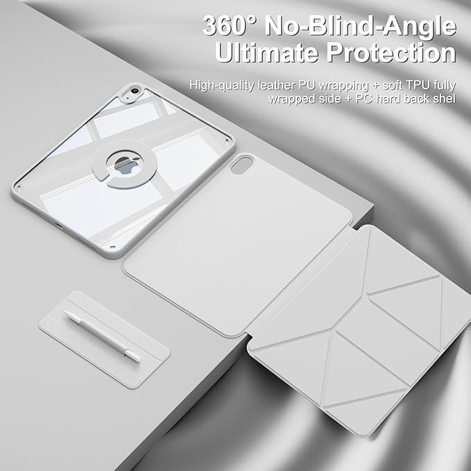 Case for iPad Air 11-Inch M4/M3/M2 (2026/2025/2024) iPad Air 5th/4th Generation (2022/2020) 10.9 with Pencil Holder Detachable Magnetic 360° Rotating Lightweight Protective Cover Gray