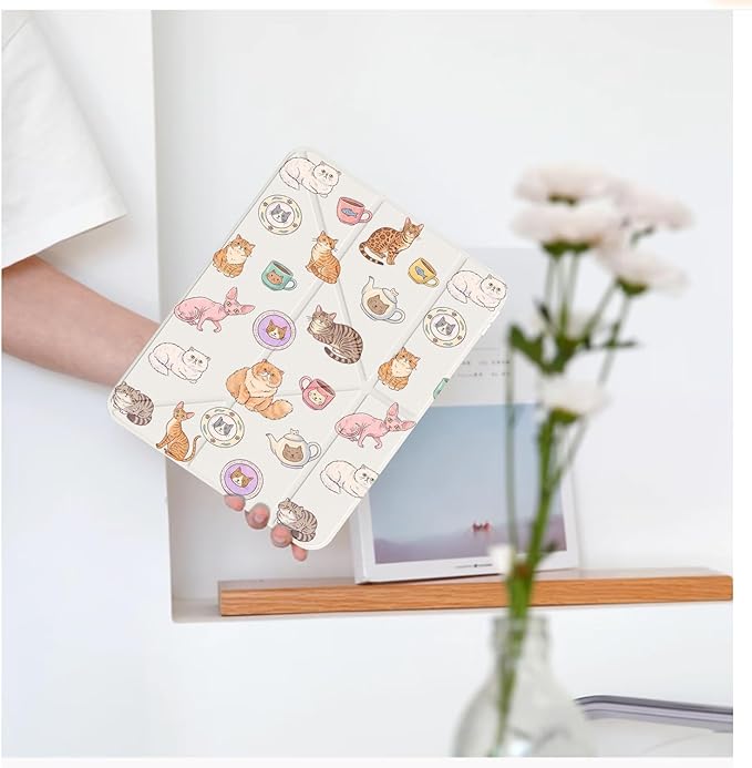 Cute Kawaii Cat Kitten for iPad Pro 11 Inch Case (M5/M4) 2025/2024 with Pencil Holder Auto Sleep/Wake White Leather Acrylic Back Detachable Cover