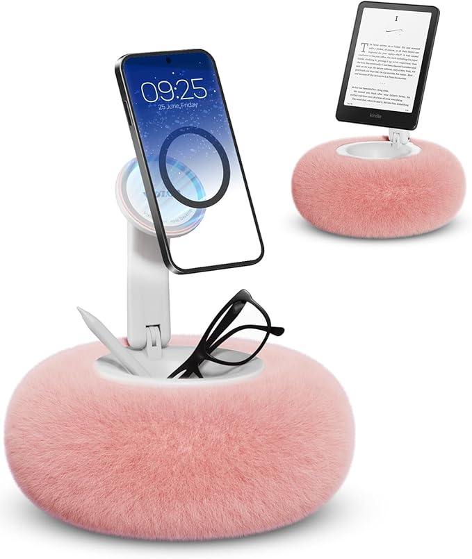 Viozon Phone Holder for Bed Magnetic Pillow Stand Compatible with 4-7 Phone/Kindle with Small Storage Removable Suction Base for Stability Idea for Kindle Reading and Video Watching On BedPink