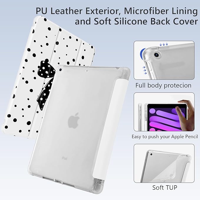 Cute Black Bow Polka Dot for iPad mini 7 A17 Pro 2024/iPad Mini 6 Case with Pencil Holder Auto Sleep/Wake White Leather Soft TPU Back Cover