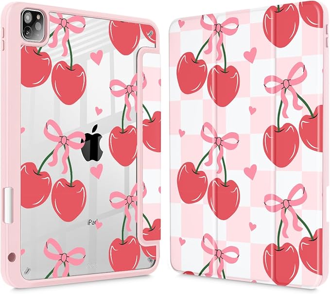 Mektron Case for iPad Pro 11 inch (4th 3rd 2nd &amp 1st Gen) 2022 2021 2020 2018 Buit in Pencil Holder with Shockproof Cover Clear Shell + Trifold Stand + Auto Wake/Sleep Cherries Bows C353