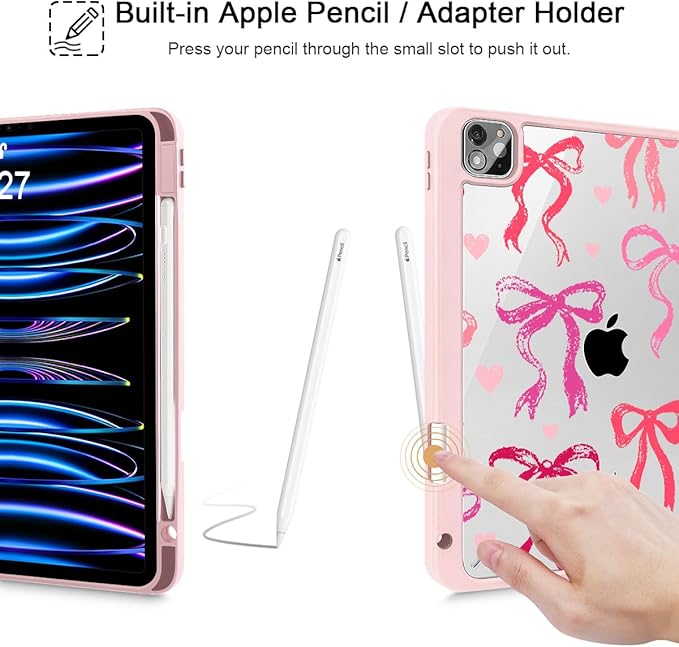 May Chen for iPad Pro 11 inch M2 4th Generation 2022 iPad Pro 11 3rd/2nd/1st Gen Case with Transparent Shockproof Back Cover [Built-in Pencil Holder Auto Sleep/Wake Bow Ribbon