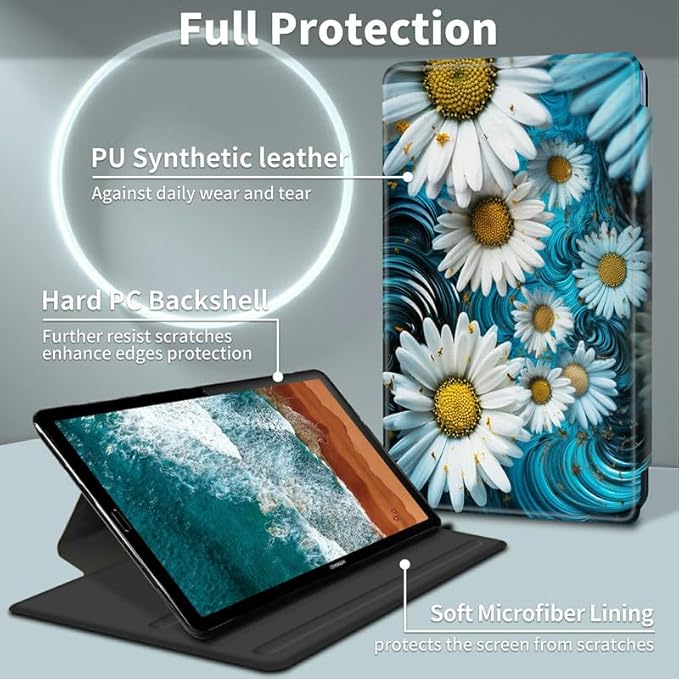 FUYOCWE for Fire HD 10 Tablet Case (13th Generation2023 Release 10.1) 360 Degree Rotating Swivel Stand Flip Smart Cover for Amazon Kindle Fire HD 10 13th Gen-White Daisy Flowers
