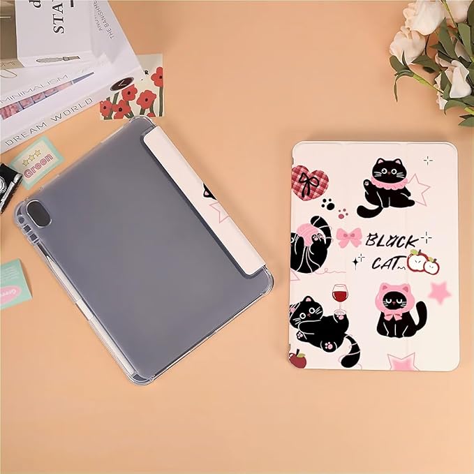 Cute Black Cats Pink Plaid Bows Case Compatible with iPad 9th 8th 7th Generation 10.9 Inch 2021/2019/2018Funny Cover with Trifold Stand + Pencil Holder for Boys GirlsiPad 10.9in 2022