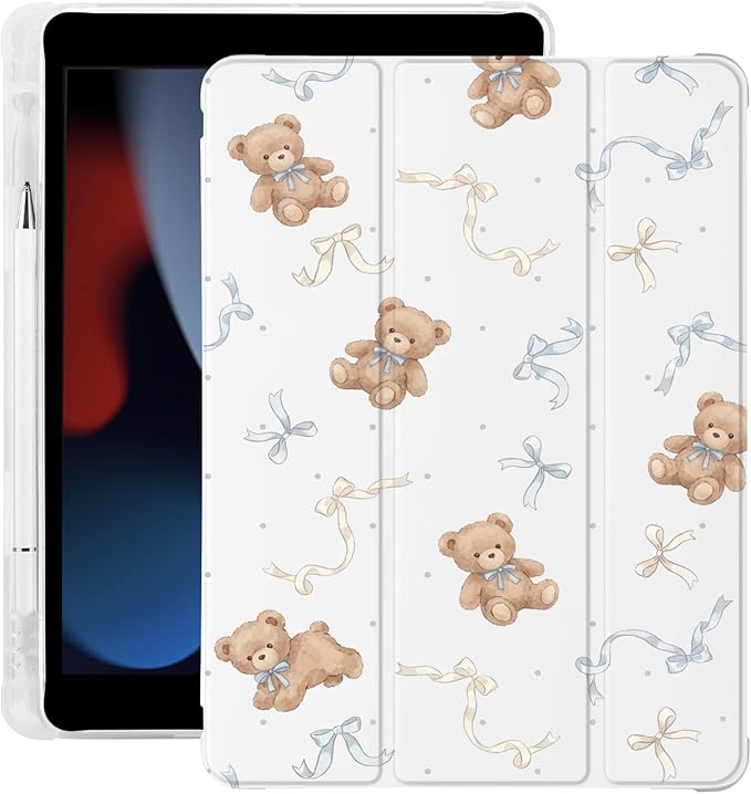 Cute Kawaii Bear Bow for iPad 5th/6th Generation Case with Pencil Holder Auto Sleep/Wake White Leather Soft TPU Back Cover for iPad 9.7 Inch