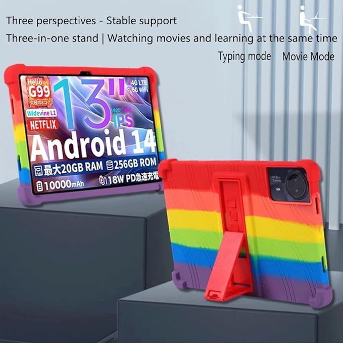 Compatible for ECOPAD T30 10.1 Inch Tablet Case + Screen Protector Tempered Glass Film Soft Silicone Full Coverage Adjustable Stand Protective Tablet Cover Rainbow