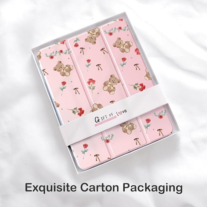 Cute Kawaii Bear Rose for iPad 7th/8th/9th Generation Case 10.2 Inch 2019/2020/2021 with Pencil Holder Auto Sleep/Wake Pink Leather Acrylic Back Cover