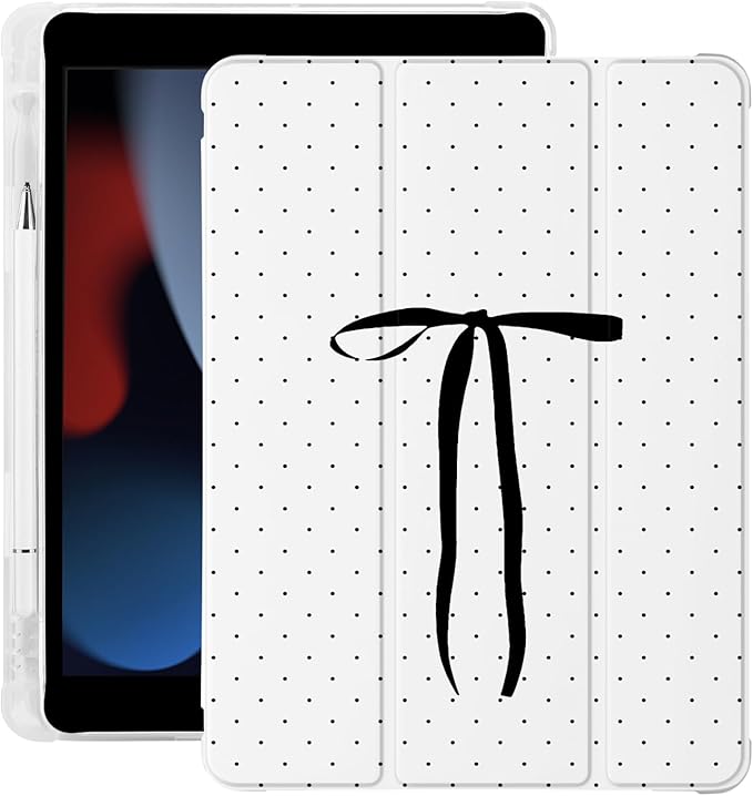 Cute Polka Dot Ribbon Bow for iPad Air 3 Case with Pencil Holder Auto Sleep/Wake White Leather Soft TPU Back Cover for iPad Pro 10.5 Inch 2017