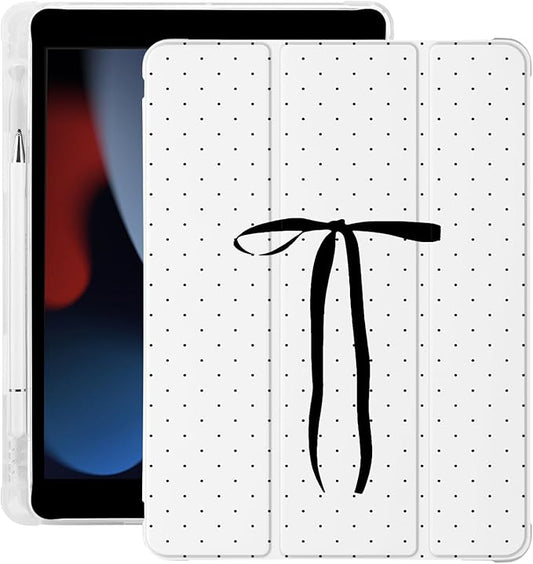Cute Polka Dot Ribbon Bow for iPad Air 3 Case with Pencil Holder Auto Sleep/Wake White Leather Soft TPU Back Cover for iPad Pro 10.5 Inch 2017