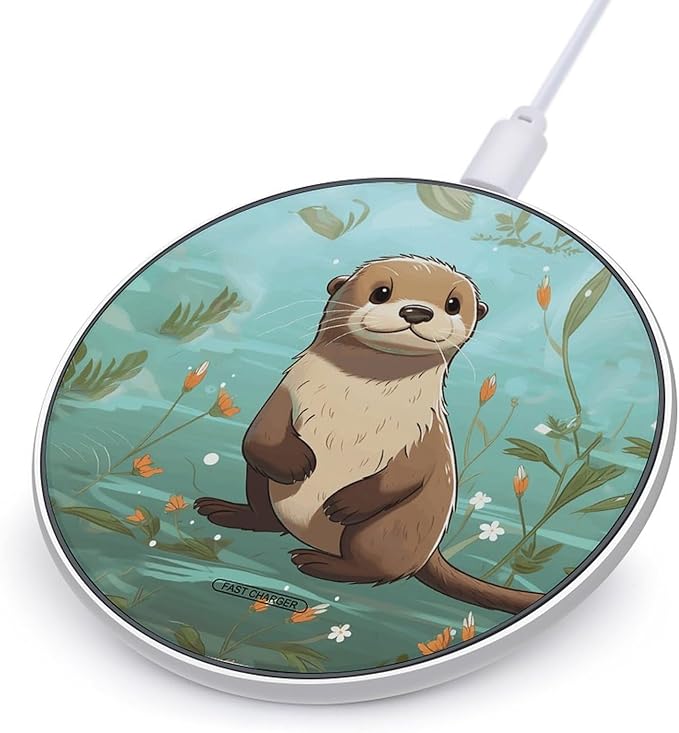 Cartoon Cute Otter Wireless Charger Fast Wireless Charging Pad with USB Cable 10W Anti-Slip Magnetic Wireless Charger Portable Slim Charger Puck Travel Charging Station
