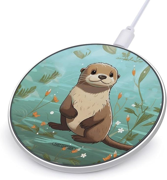 Cartoon Cute Otter Wireless Charger Fast Wireless Charging Pad with USB Cable 10W Anti-Slip Magnetic Wireless Charger Portable Slim Charger Puck Travel Charging Station