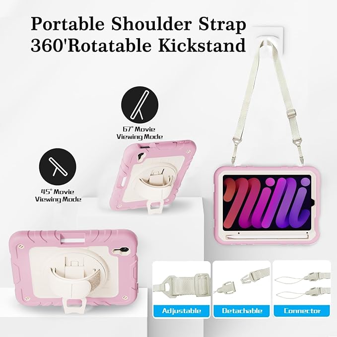 for iPad mini 7 A17 Pro/iPad mini 6 8.3 Inch Case iPad mini 7th/6th Generation Case (2024/2021) with Pencil Holder/Kickstand Hand Strap/Shoulder StrapPink&ampBeige