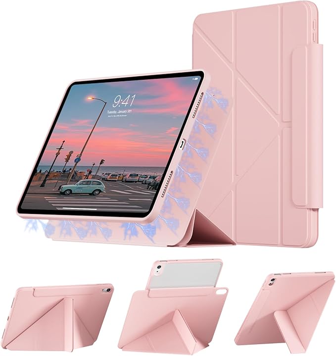 KENKE Magnetic Detachable Case for iPad A16 11th/10th Generation (11/10.9-Inch 2025/2022) with Pencil Holder 3+Y-Stand Removable 360° Rotating Clear Cover with Transparent Hard Back Pink