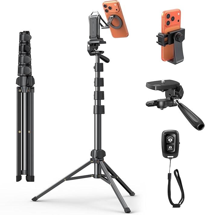 OMOTON TS01 65 Magnetic Phone Tripod for iPhone &amp Camera Cell Phone Stand with Remote Stable Height Adjustable Multi-Angle Shot Selfie Stick Tripod for Video Recording Live Streaming Black Se