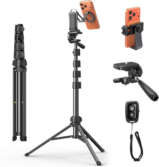 OMOTON TS01 65 Magnetic Phone Tripod for iPhone &amp Camera Cell Phone Stand with Remote Stable Height Adjustable Multi-Angle Shot Selfie Stick Tripod for Video Recording Live Streaming Black Se