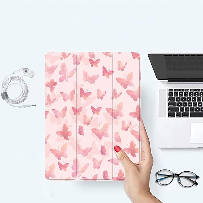 Pink Watercolor Butterfly Case for iPad Pro 11 Inch 2022/2021/2020/2018 Protective CasePencil Holder &amp Clear Soft TPU Back &amp Trifold Cover for Women Scratchproof Cover
