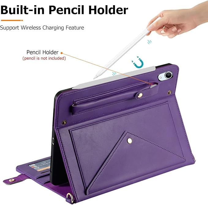 Dteck for iPad 10th Generation Case 2022 Premium PU Leather Business Stand Smart Auto Wake/Sleep Cover Shoulder/Hand Strap Card Slots Wallet Case with Pencil Holder for iPad 10th Gen 10.9Purple