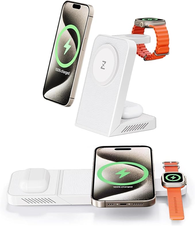 3-in-1 Fast Wireless Charging Station Multiple Devices MagFree Transform 15W Magnetic Travel Charger Stand for iPhone 16/15/14/13/12 5W Apple Watch Fast Charger AirPods - 30W USB-C Charger Included