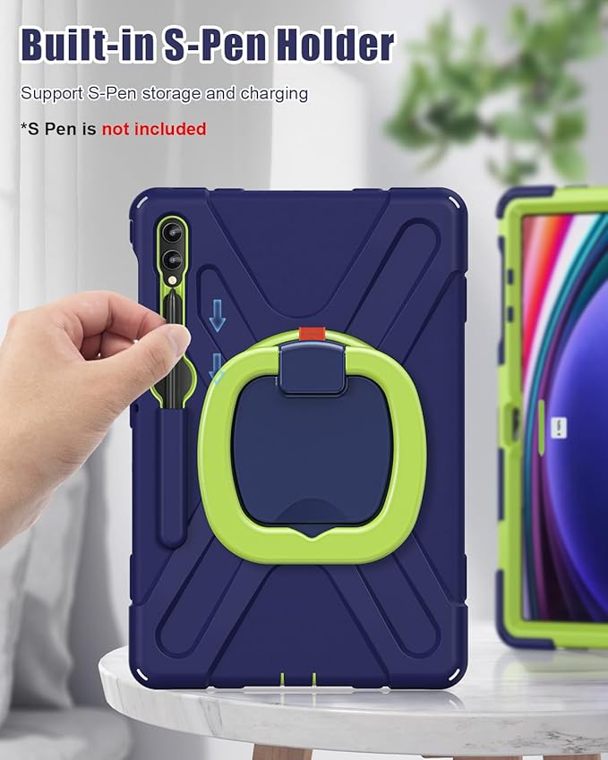 BRAECN Case for Samsung Galaxy Tab S10+/S9 FE+/S9+/S8+/S7 FE/S7+ 12.4” Rugged Silicone Cover w/S Pen Holder Screen Protector Handle Grip/Stand Shoulder Strap for Galaxy Tab S9 FE Plus Navy Green