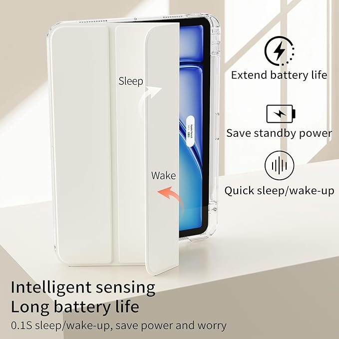 Case for iPad Air 11 inch M4/M3/M2 (2026/2025/2024) &amp iPad Air 5/4th Generation (2022/2020) 10.9 inch 2-in-1 Removable Hard PC Transparent Back with Pencil Holder Auto Sleep/Wake White Cream