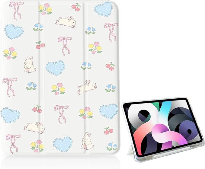 Cute Rabbit Floral Bow for iPad 6th/5th Gen Case 9.7 Inch (2018/2017)[Pencil Holder+Auto Sleep/Wake]Slim Stand Soft Leather TPU Back Smart CoverWhite
