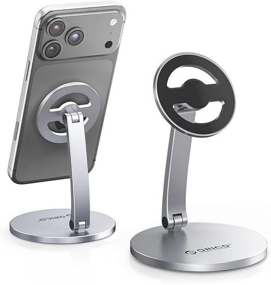 ORICO Magnetic Phone Stand for Magsafe Adjustable Foldable Aluminum Alloy Stand for iPhone 17/16/15/14/13/12 Pro Max Air/Magsafe Case Phone Holder for Desk Streaming &amp Video Calls - PS1 Sliver